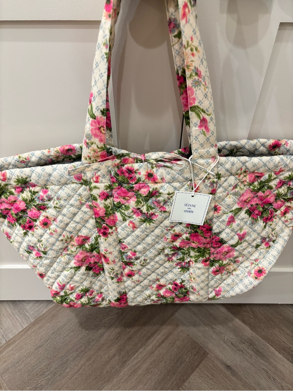 Sezane x Andion Quilted Maxi Floral Tote in Cream and Pink